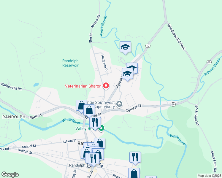 map of restaurants, bars, coffee shops, grocery stores, and more near 11 Elm Street in Randolph