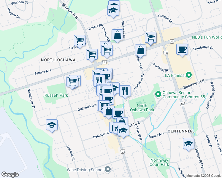 map of restaurants, bars, coffee shops, grocery stores, and more near in Oshawa