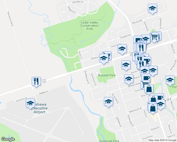 map of restaurants, bars, coffee shops, grocery stores, and more near 254 Northminster Court in Oshawa