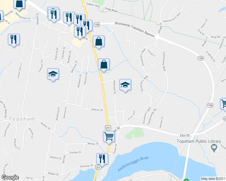 map of restaurants, bars, coffee shops, grocery stores, and more near 34 Pleasant Street in Topsham