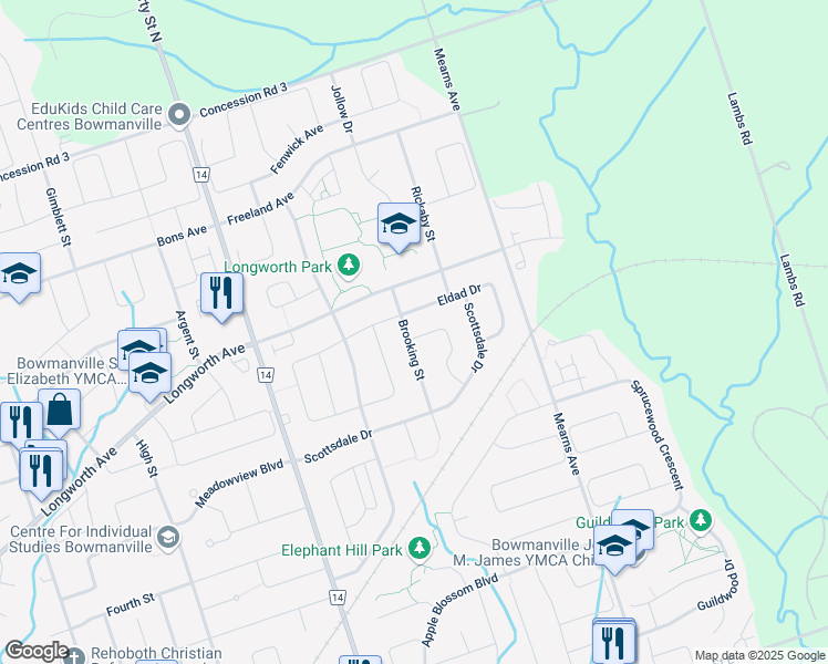 map of restaurants, bars, coffee shops, grocery stores, and more near 53 Brooking Street in Bowmanville
