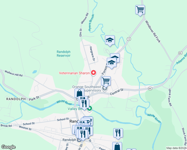 map of restaurants, bars, coffee shops, grocery stores, and more near 11 Elm St in Randolph