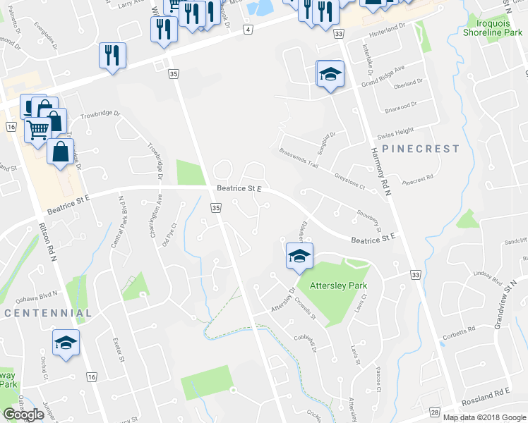 map of restaurants, bars, coffee shops, grocery stores, and more near 653 Idylwood Court in Oshawa