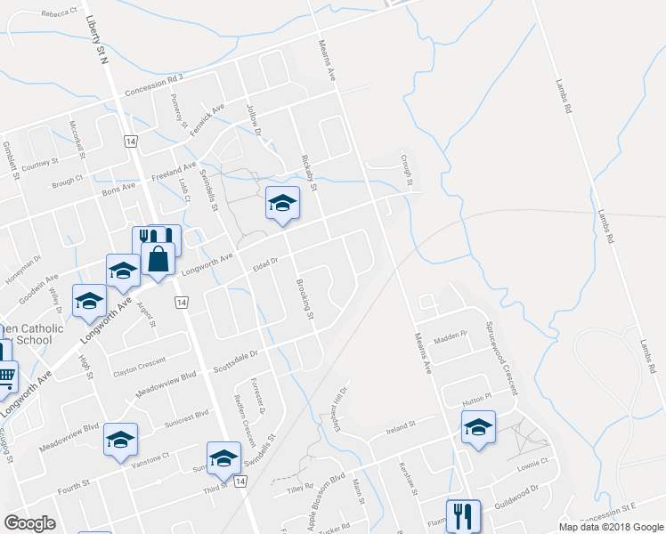 map of restaurants, bars, coffee shops, grocery stores, and more near 65 Stephens Gulch Drive in Bowmanville