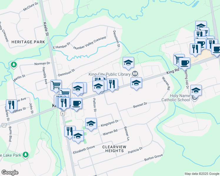 map of restaurants, bars, coffee shops, grocery stores, and more near 2072 King Road in King City
