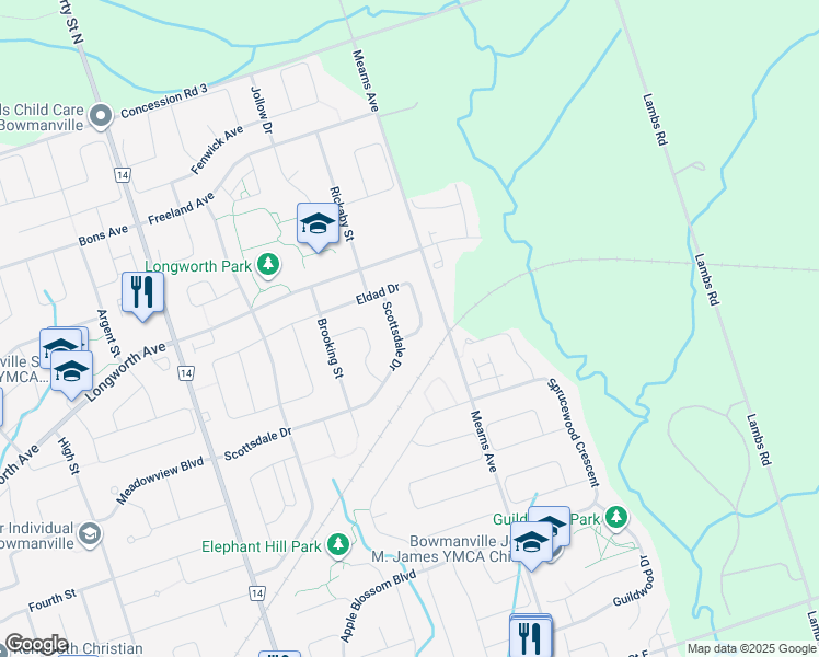 map of restaurants, bars, coffee shops, grocery stores, and more near 14 Eldad Drive in Bowmanville