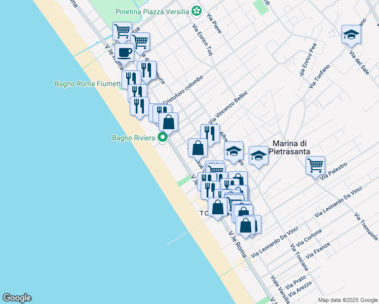 map of restaurants, bars, coffee shops, grocery stores, and more near 199 Via Giosuè Carducci in Marina di Pietrasanta