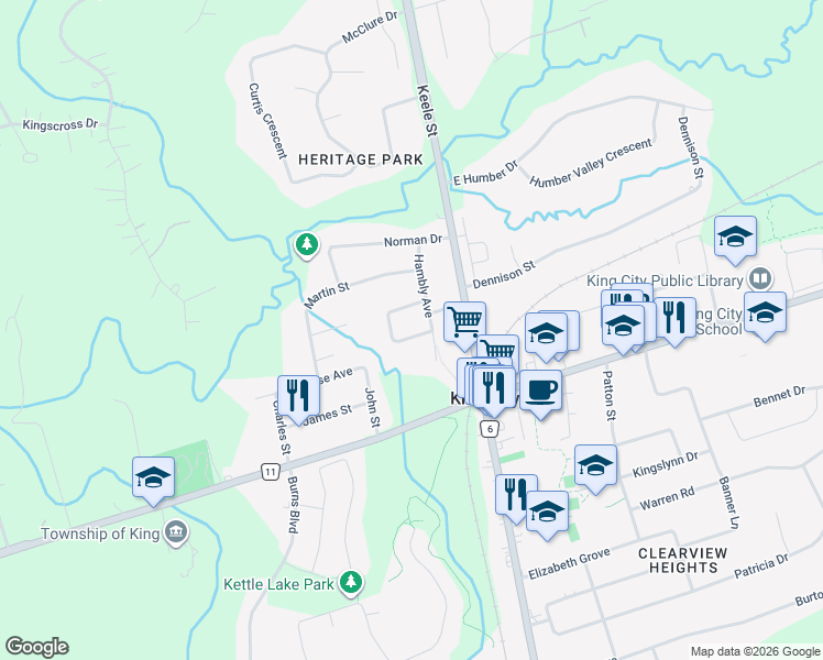 map of restaurants, bars, coffee shops, grocery stores, and more near 58 Humber Crescent in King City