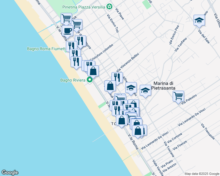 map of restaurants, bars, coffee shops, grocery stores, and more near 199 Via Giosuè Carducci in Pietrasanta