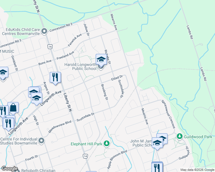 map of restaurants, bars, coffee shops, grocery stores, and more near 113 Stephens Gulch Drive in Bowmanville