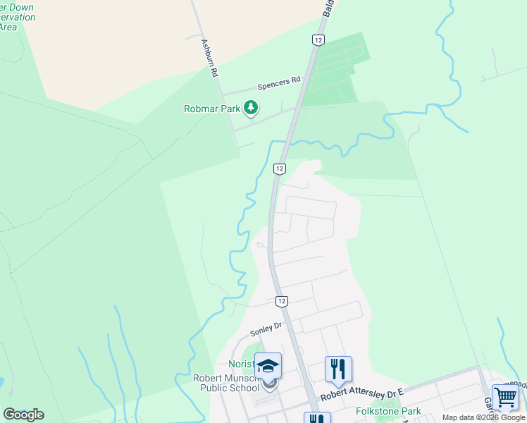 map of restaurants, bars, coffee shops, grocery stores, and more near 4860 Baldwin Street South in Whitby