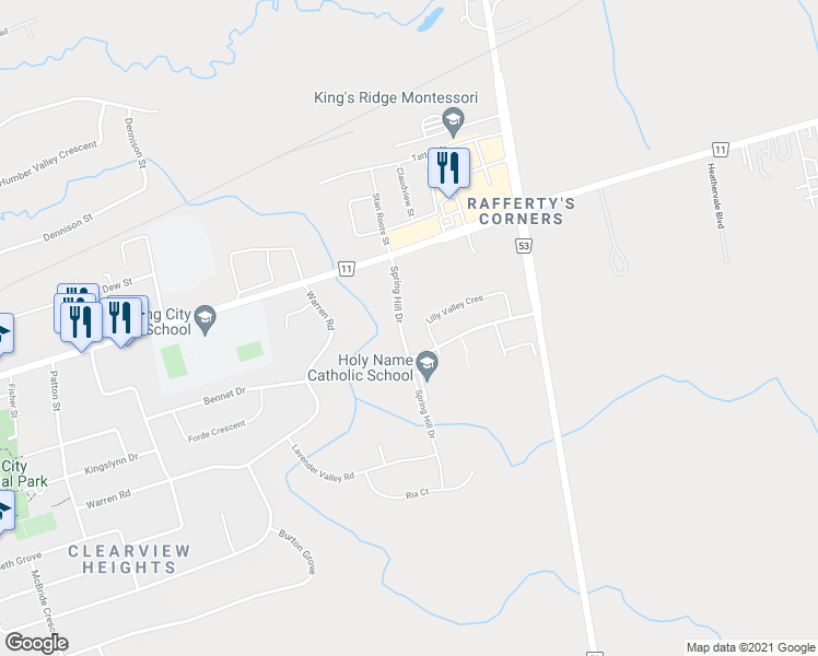 map of restaurants, bars, coffee shops, grocery stores, and more near 35 Spring Hill Drive in King City