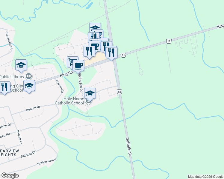 map of restaurants, bars, coffee shops, grocery stores, and more near 7 Nicort Road in King