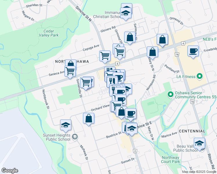 map of restaurants, bars, coffee shops, grocery stores, and more near 10 Russett Avenue in Oshawa