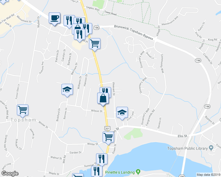 map of restaurants, bars, coffee shops, grocery stores, and more near 38 Pleasant Street in Topsham