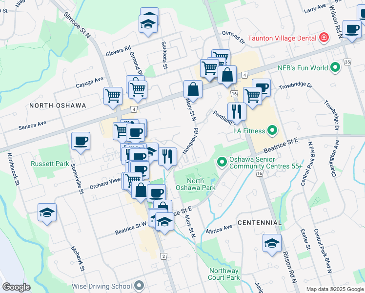 map of restaurants, bars, coffee shops, grocery stores, and more near 120 Nonquon Road in Oshawa