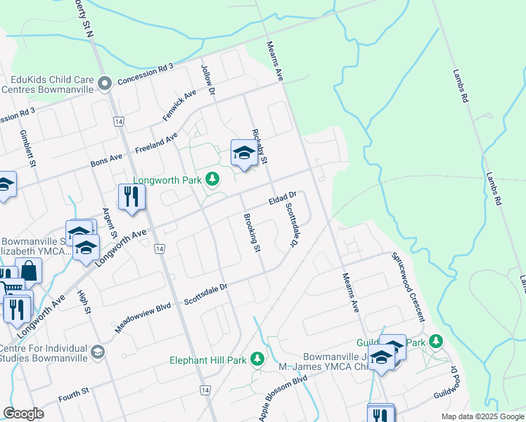map of restaurants, bars, coffee shops, grocery stores, and more near 53 Brooking Street in Bowmanville