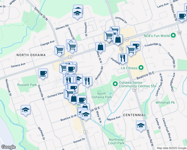 map of restaurants, bars, coffee shops, grocery stores, and more near 105 Nonquon Road in Oshawa