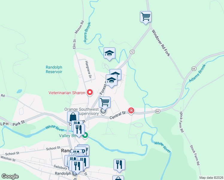 map of restaurants, bars, coffee shops, grocery stores, and more near 15 Forest Street in Randolph