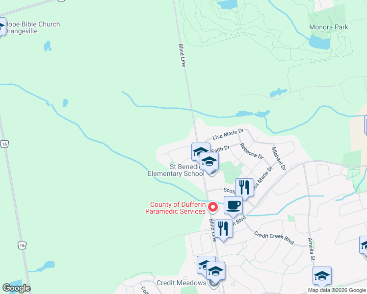 map of restaurants, bars, coffee shops, grocery stores, and more near Eastview Crescent in Orangeville