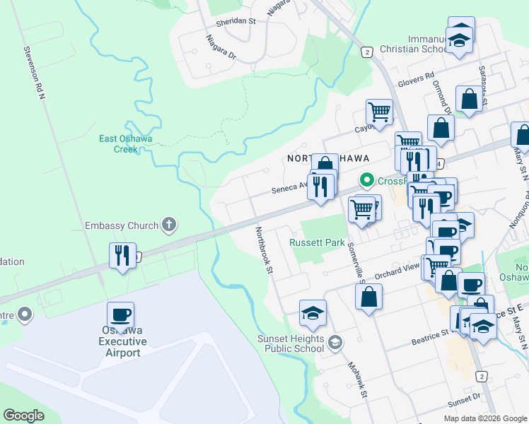 map of restaurants, bars, coffee shops, grocery stores, and more near 254 Northminster Court in Oshawa
