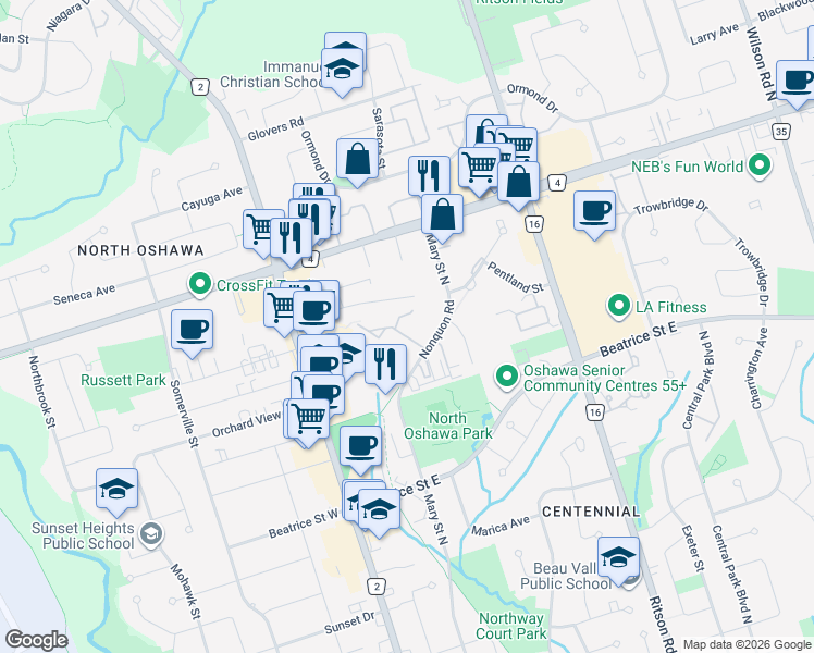 map of restaurants, bars, coffee shops, grocery stores, and more near 120 Nonquon Road in Oshawa