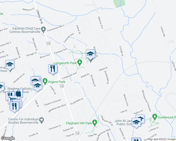 map of restaurants, bars, coffee shops, grocery stores, and more near in Bowmanville