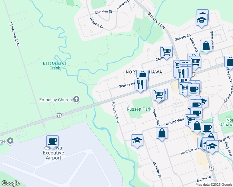 map of restaurants, bars, coffee shops, grocery stores, and more near in Oshawa