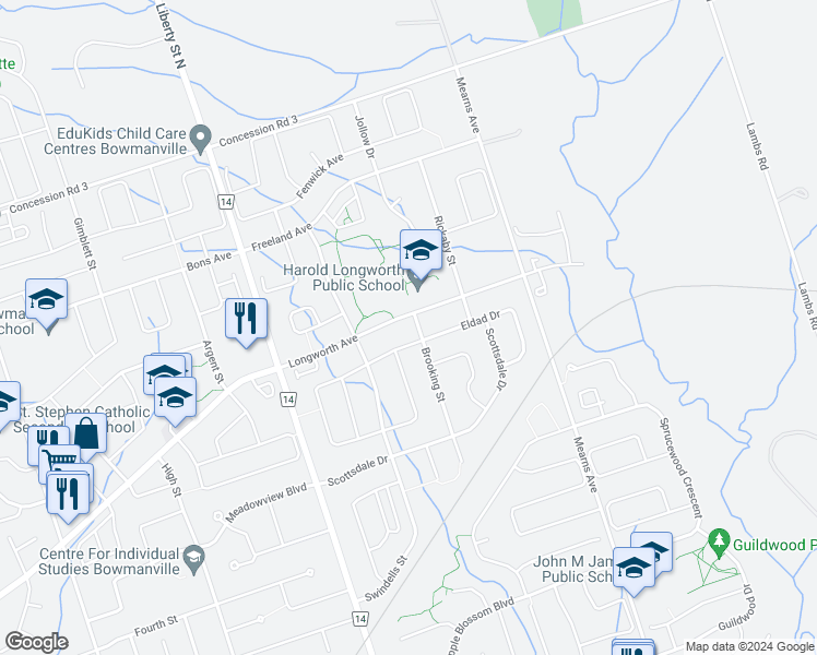map of restaurants, bars, coffee shops, grocery stores, and more near 10 Brooking Street in Bowmanville