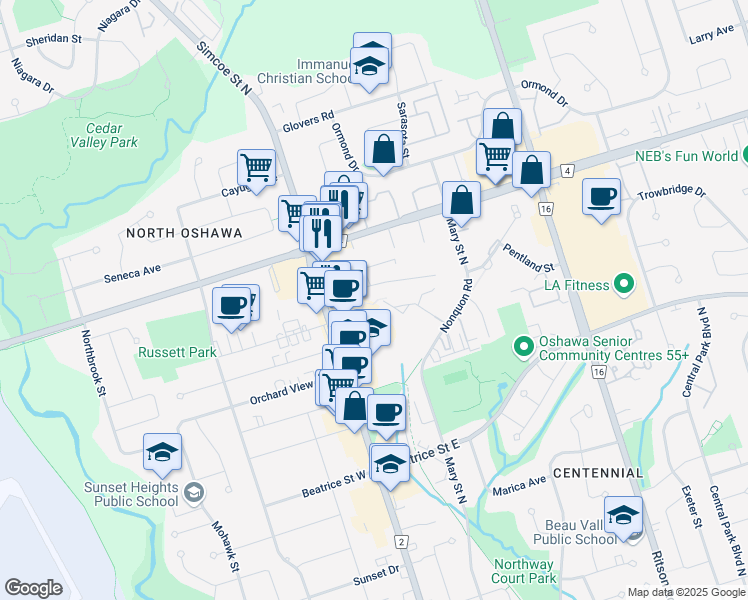 map of restaurants, bars, coffee shops, grocery stores, and more near 120 Nonquon Road in Oshawa