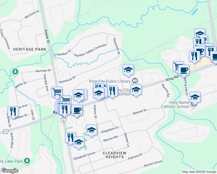 map of restaurants, bars, coffee shops, grocery stores, and more near 199 Dew Street in King City