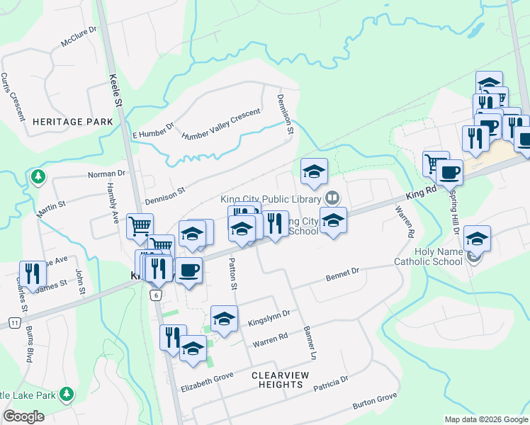 map of restaurants, bars, coffee shops, grocery stores, and more near 199 Dew Street in King City