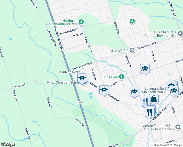 map of restaurants, bars, coffee shops, grocery stores, and more near 54 Westover Drive in Bowmanville