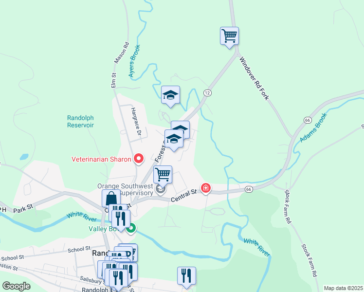 map of restaurants, bars, coffee shops, grocery stores, and more near 17 Forest Street in Randolph