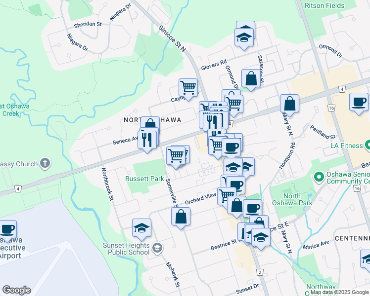 map of restaurants, bars, coffee shops, grocery stores, and more near 79 Taunton Road West in Oshawa