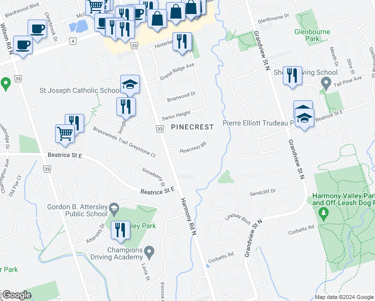map of restaurants, bars, coffee shops, grocery stores, and more near 891 Pinecrest Road in Oshawa