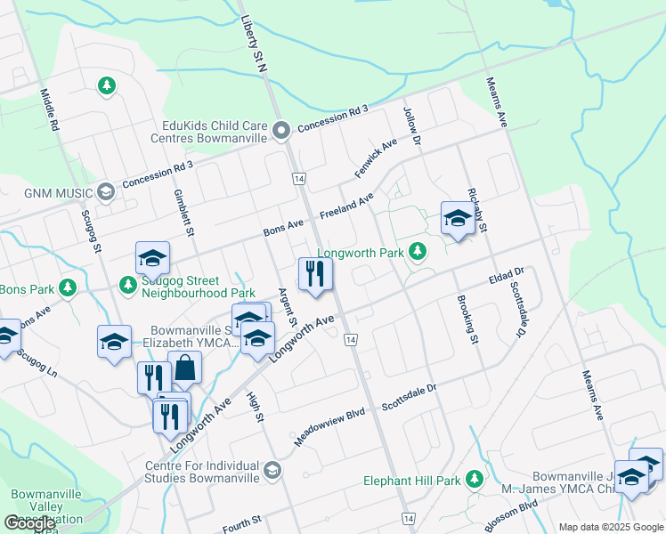 map of restaurants, bars, coffee shops, grocery stores, and more near 311 Liberty Street North in Bowmanville