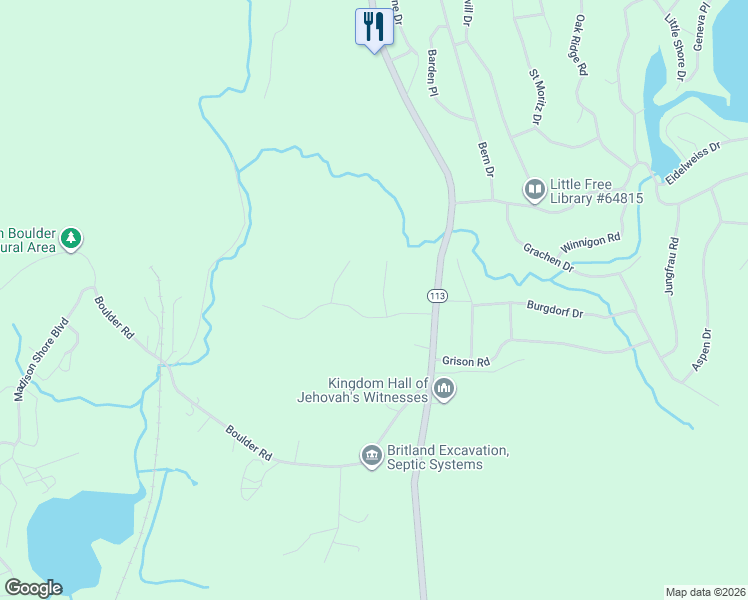 map of restaurants, bars, coffee shops, grocery stores, and more near 15 Pebblebrook Lane in Madison