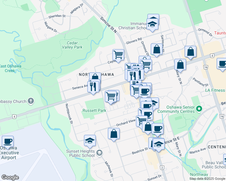 map of restaurants, bars, coffee shops, grocery stores, and more near 79 Taunton Road West in Oshawa