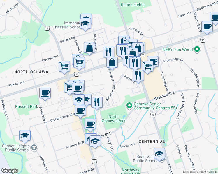 map of restaurants, bars, coffee shops, grocery stores, and more near 140 Nonquon Road in Oshawa