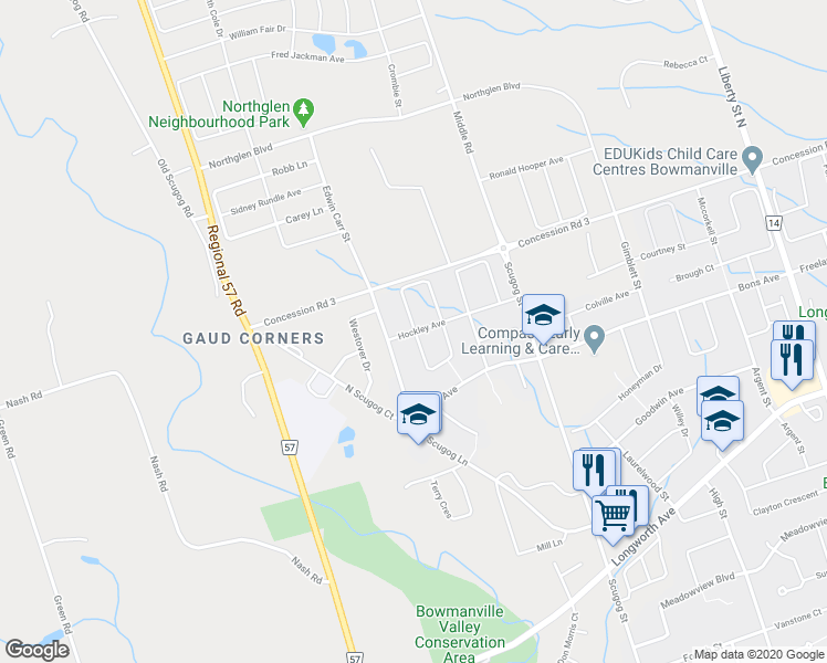 map of restaurants, bars, coffee shops, grocery stores, and more near 94 Hockley Avenue in Bowmanville