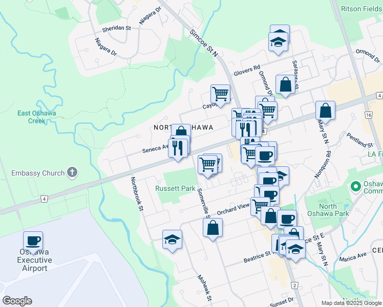 map of restaurants, bars, coffee shops, grocery stores, and more near Taunton Rd W & Somerville St in Oshawa