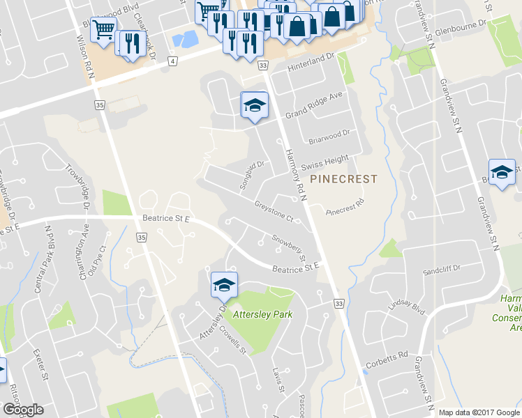 map of restaurants, bars, coffee shops, grocery stores, and more near 759 Greystone Court in Oshawa