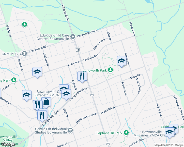 map of restaurants, bars, coffee shops, grocery stores, and more near in Bowmanville