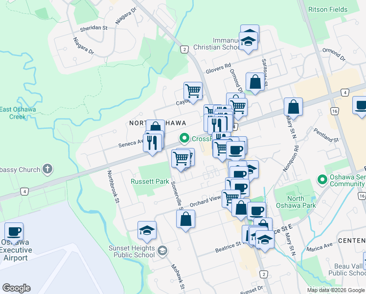 map of restaurants, bars, coffee shops, grocery stores, and more near 79 Taunton Road West in Oshawa
