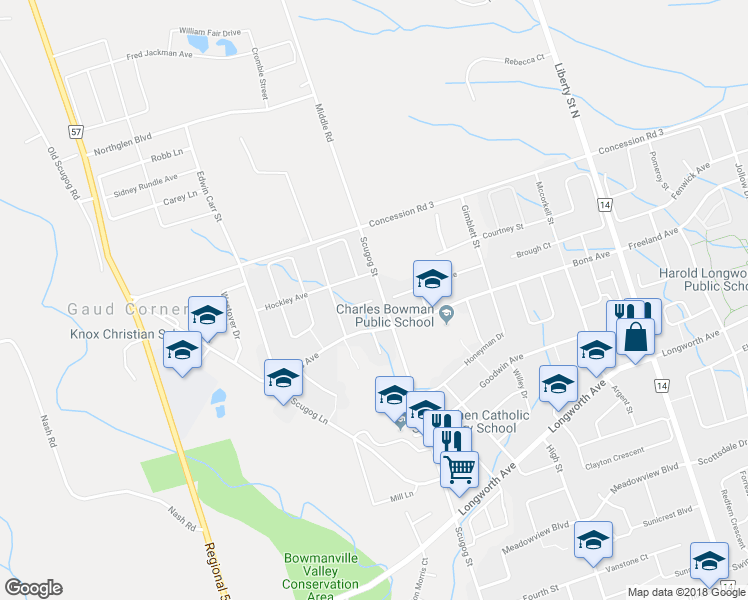 map of restaurants, bars, coffee shops, grocery stores, and more near Childs Court in Bowmanville