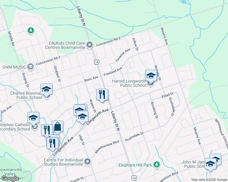 map of restaurants, bars, coffee shops, grocery stores, and more near 91 Laprade Square in Clarington