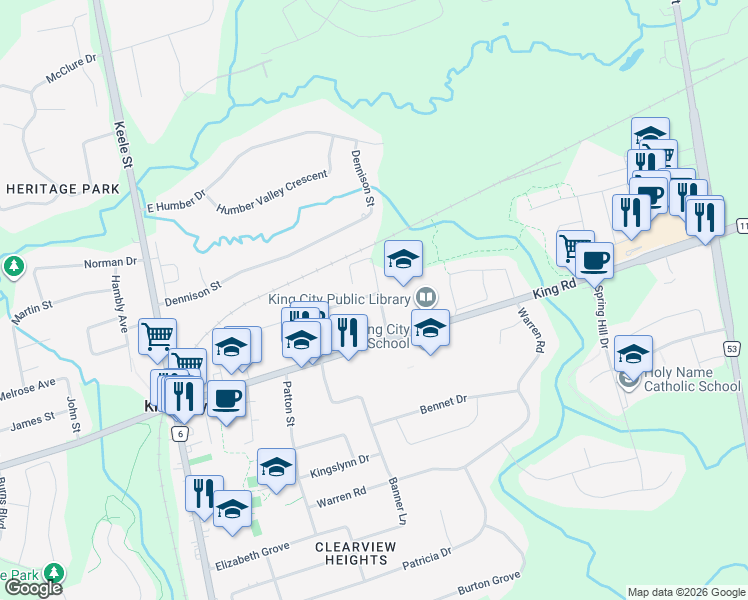 map of restaurants, bars, coffee shops, grocery stores, and more near 247 Dew Street in King City