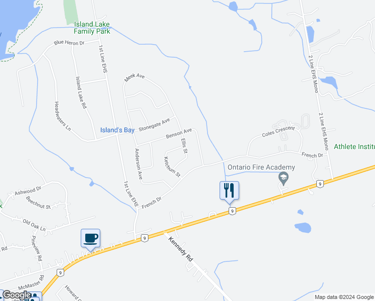 map of restaurants, bars, coffee shops, grocery stores, and more near 18 Ellis Street in Orangeville