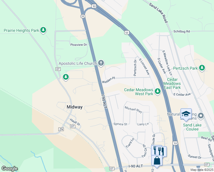 map of restaurants, bars, coffee shops, grocery stores, and more near 108 Walden Pl in Onalaska
